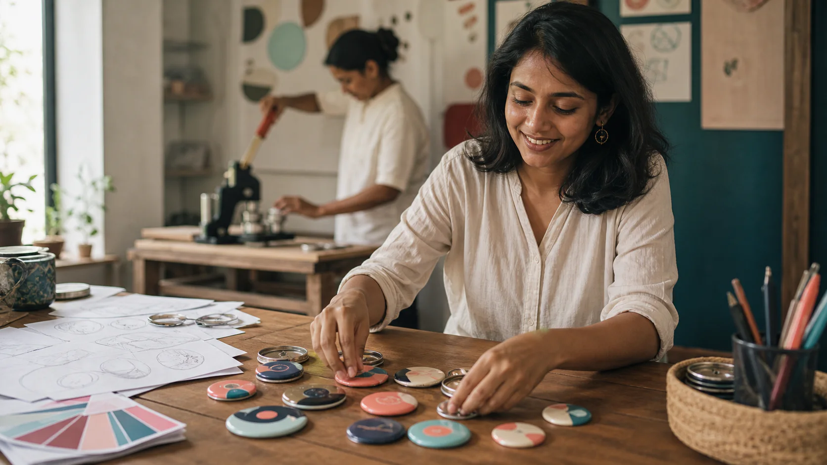 Badge makers preparing custom badges in the studio