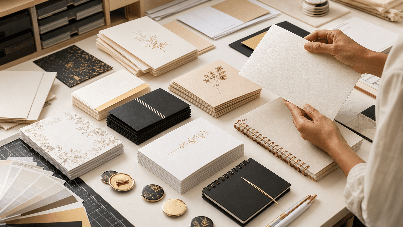 Custom cards, wedding cards, gifting cards, and notepads on a studio table
