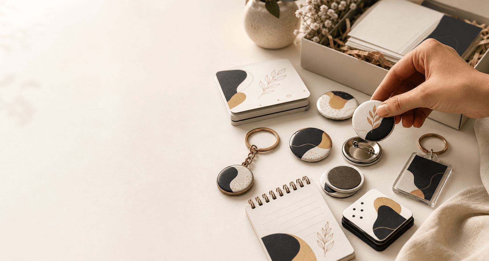 Custom badges, cards, magnets, keychains, and notepads arranged on a warm studio table
